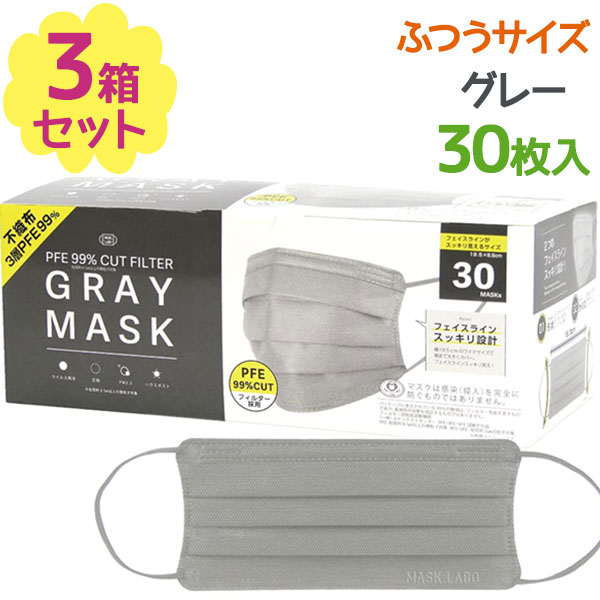 サージカルマスク カラーマスク グレー 30枚入×3個セット GRAY MASK 使い捨てマスク 不織布 フェイスライン スッキリ設計