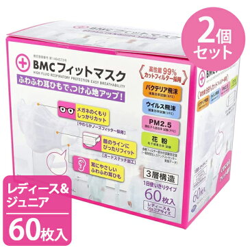 【送料無料】 不織布マスク 耳が痛くない BMC フィットマスク 60枚入×2個セット レディース&ジュニアサイズ 子供 大人 使い捨て 白色 プリーツ 眼鏡が曇りにくい 女性