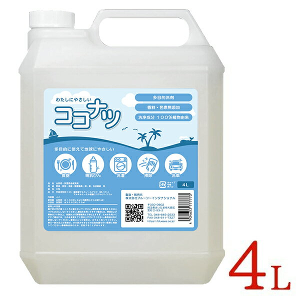  環境洗剤(エコ洗剤) 衣類・キッチン用 ココナツ洗剤 4L 多目的 香料無添加 洗浄剤 ブルーシーインターナショナル 