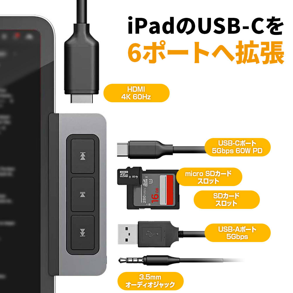 HyperDrive 6-in-1 USB-C Media Hub for iPad microsd hdmi hd hp ipad pro type-c media pd ポート drive 4k 急速 便利
