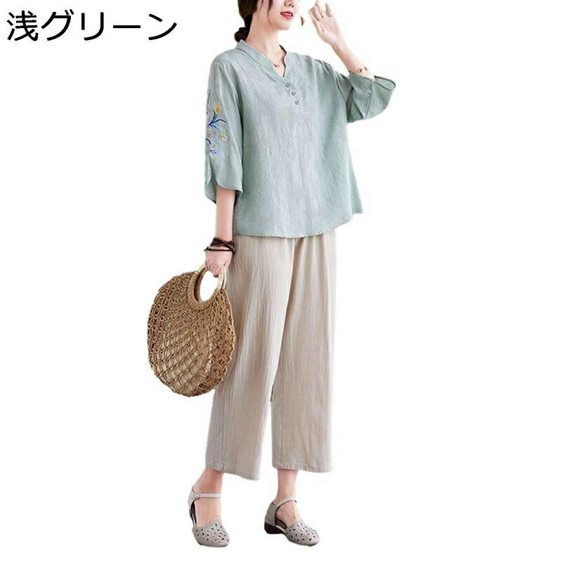 乐天商城 - tシャツ レディース 2点セット 7分袖 ブラウス 綿麻 体型カバー 通気 プルオーバー トップス 薄手 通気性 9分丈パンツ お年寄り 老人服 お婆ちゃん お洒落 春夏服 お出かけ リゾート 60代 50代