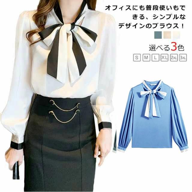 乐天商城 - シャツブラウス シャツ シフォンブラウス ボウタイ バイカラーボウタイ ブラウス レディース ボウタイシャツ きれいめ リボン付き 送料無料 M 上品 大きいサイズ OL トップス S リボン付き L XL 長袖