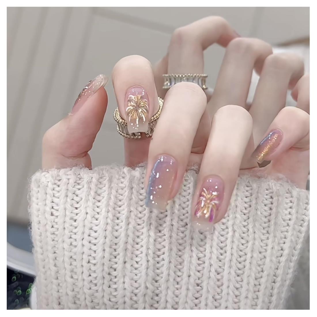 Lwenjing ネイルチップ 付け爪 チップ 3D ネイルチップ 手作りネイルチップ 結婚式ネイルチップ かわいい 短め 長い ネイルチップ 人気 和風 花嫁ネイル 光沢 つけ爪 24枚入 (BY1286)