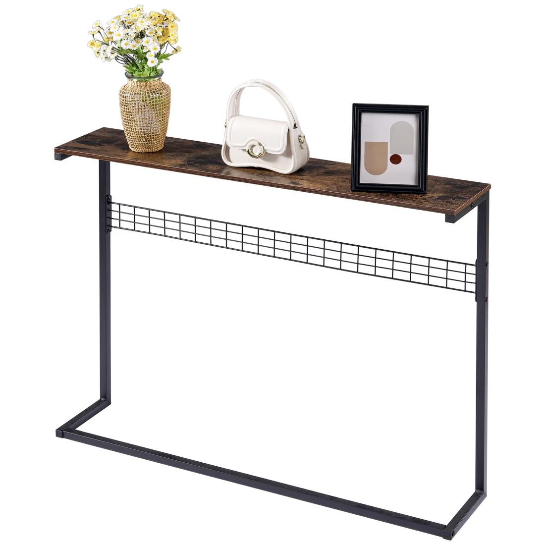 VECELO コンソールテーブル スリム 玄関テーブル 幅100X奥行20x高さ65cm 細長い L型構造 フック付き 飾り棚 組立簡単 安定性 省スペース 木目調 頑丈 ハイカウンターテーブル シンプル 玄関収納 ダイニング 小物 鍵 廊下 ソファー裏 リビング 玄関 スリムテーブル 金属フレー