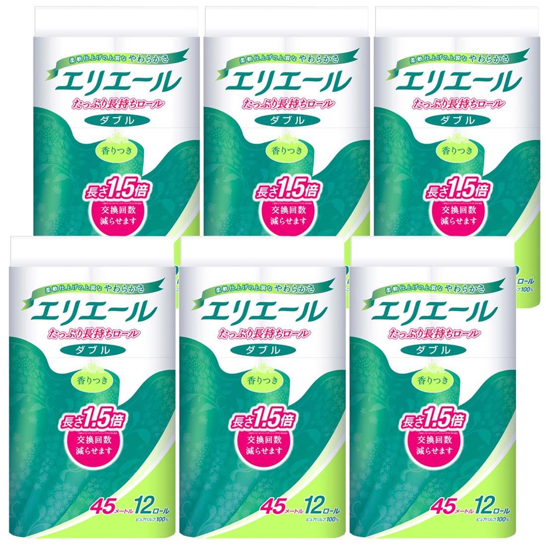 エリエール トイレットペーパー たっぷり長持ち 45m×72ロール(12ロール×6パック) ダブル パルプ100% リラックス感のある香り【ケース販売】