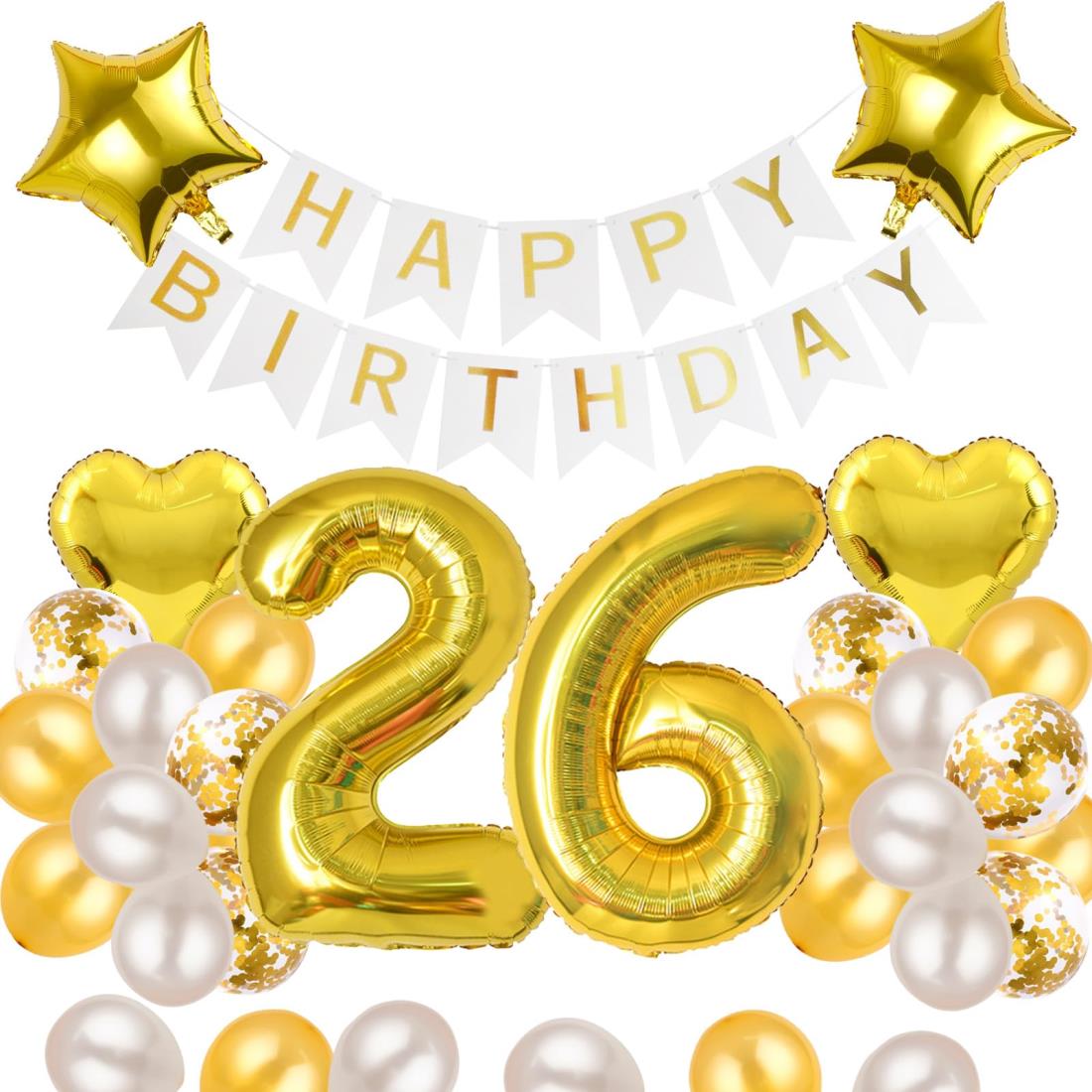 26歳 誕生日 バルーン 風船 飾り付け セット 数字バルーン 26 HAPPY BIRTHDAYガーランド ハート風船 紙吹雪風船 バースデーバルーン 大人 男の子 女の子 ゴールド