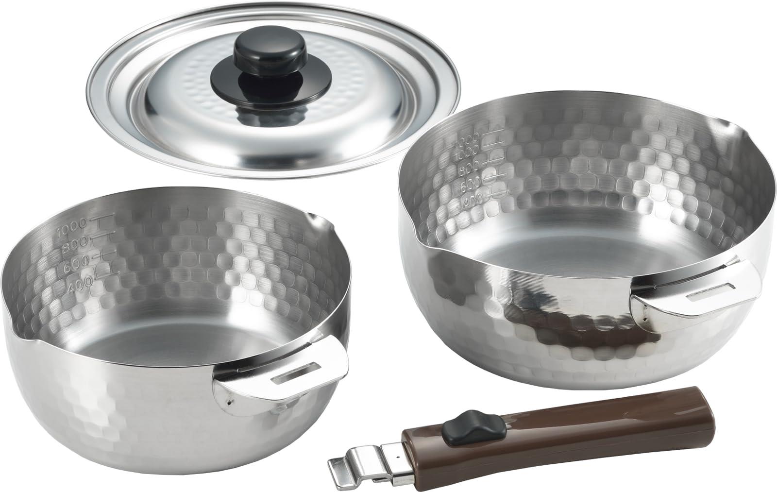 ヨシカワ 取っ手の取れる 雪平鍋 片手鍋 2個セット 16cm・18cm 着脱ハンドル IH・ガス火対応 ステンレ..