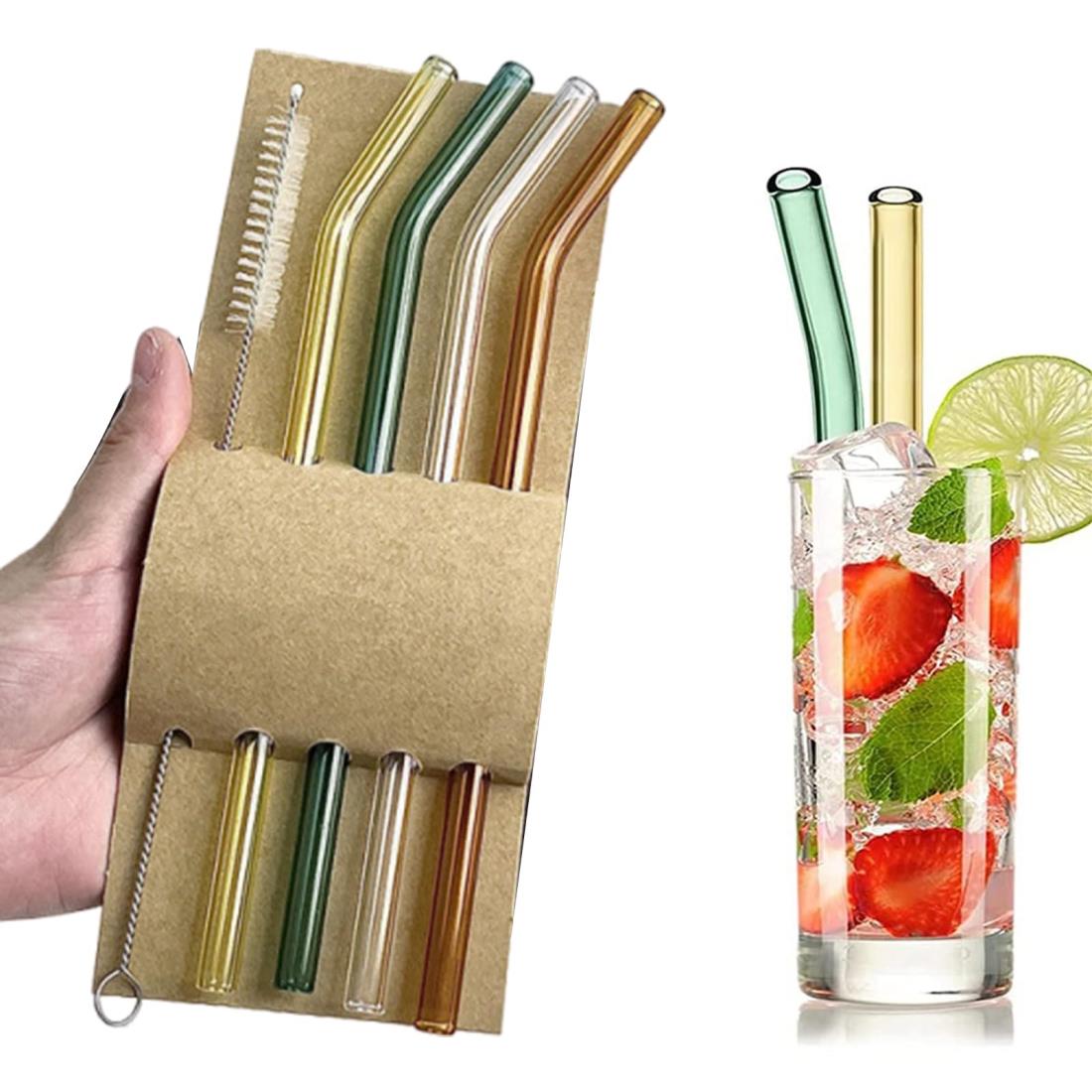 KALOLINNA プラスチックストロー 耐熱 再利用可能 安全無毒 環境に優しい 洗浄ブラシ付き 6本セット (カラーガラス製+4本セット)