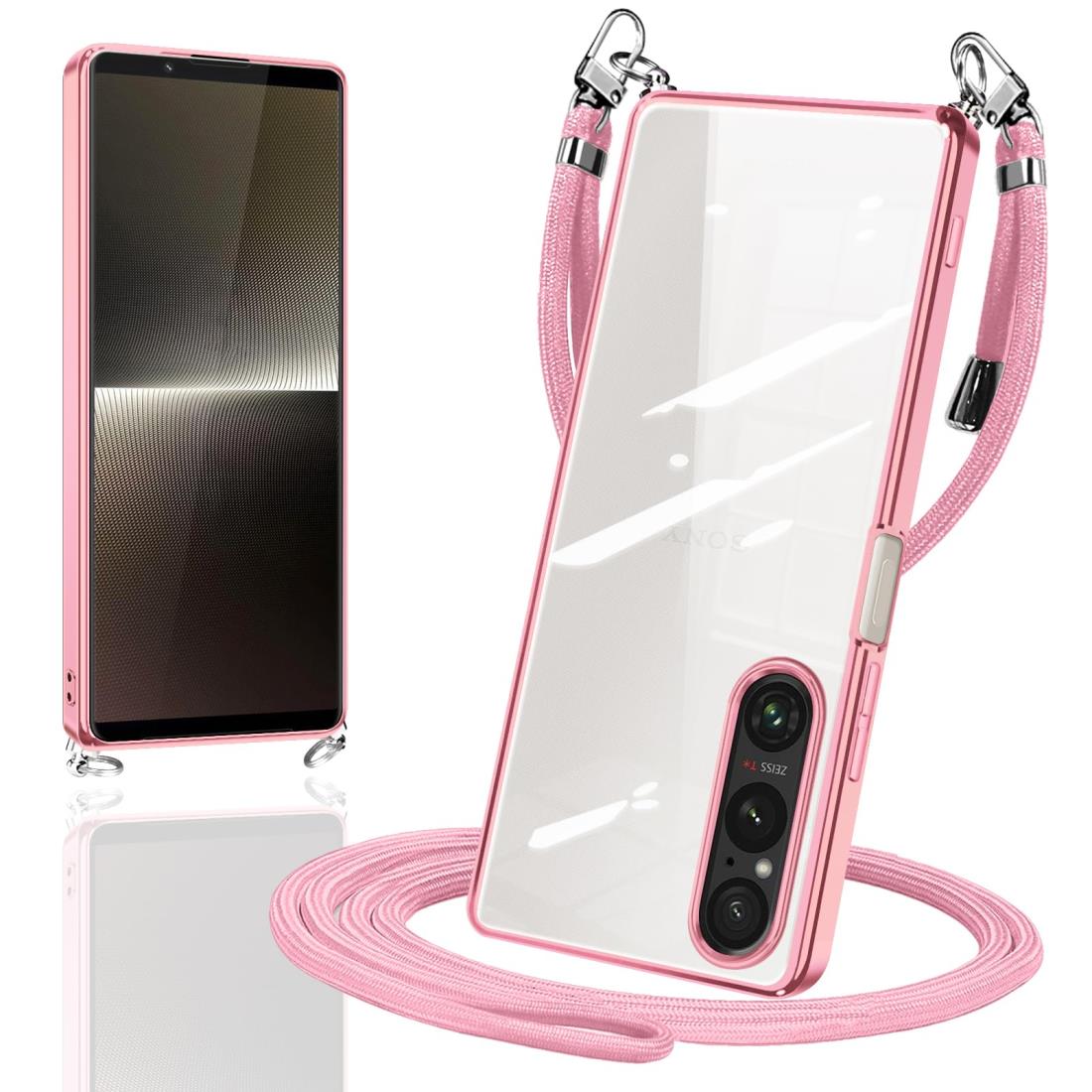 Xperia 1 IV ケース クリア ショルダー SO-51C SOG06 スマホケース TPU カバー 肩掛け 首掛け 斜めかけケース 透明 薄型 耐衝撃 シリコン エクスペリア1iv(ローズゴールド)