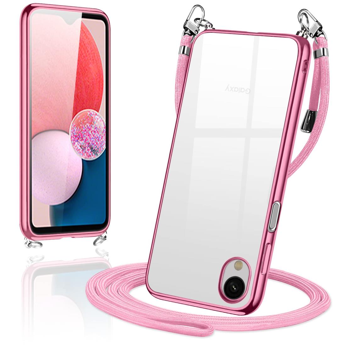Galaxy A23 5G ケース クリア ショルダー ギャラクシーA23 SC-56C SCG18 スマホケース カバー 透明 TPU 肩掛け 首掛け 斜めかけケース 薄型 耐衝撃 シリコン メッキ加工 TPUバンパー(ローズゴールド)