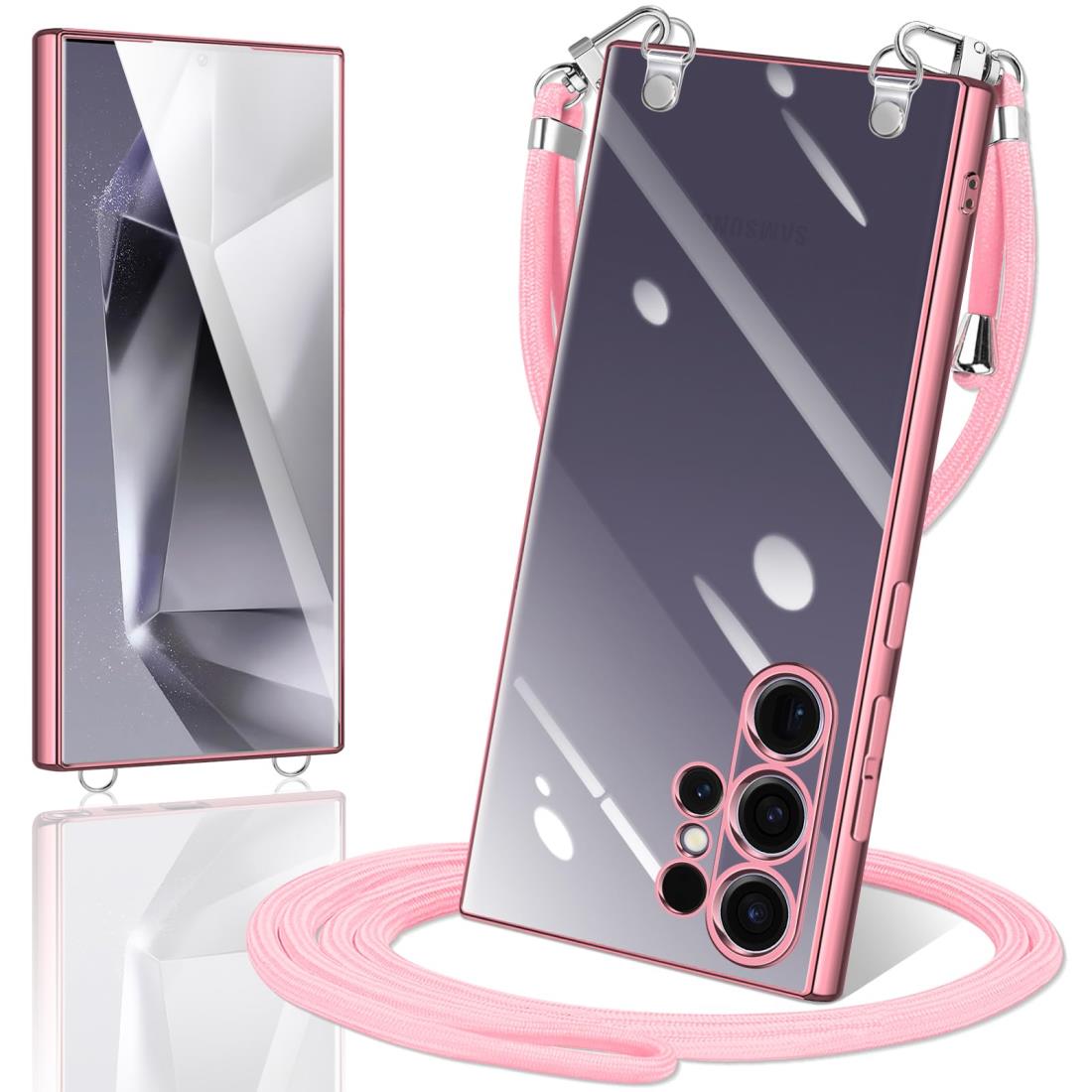 Galaxy S24 Ultra ケース ショルダー クリア SC-52E ギャラクシーS24 Ultra カバー スマホケース 透明 TPU 肩掛け 首掛け 斜めかけケース 薄型 耐衝撃 シリコン メッキ加工 TPUバンパー(ローズゴールド)