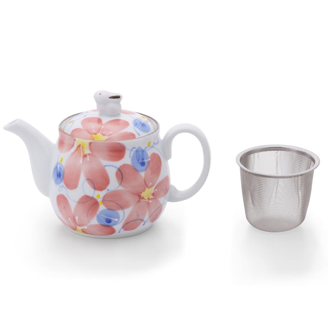 団陶器 有田焼 手描き大輪花うさぎポット(カゴ網付)