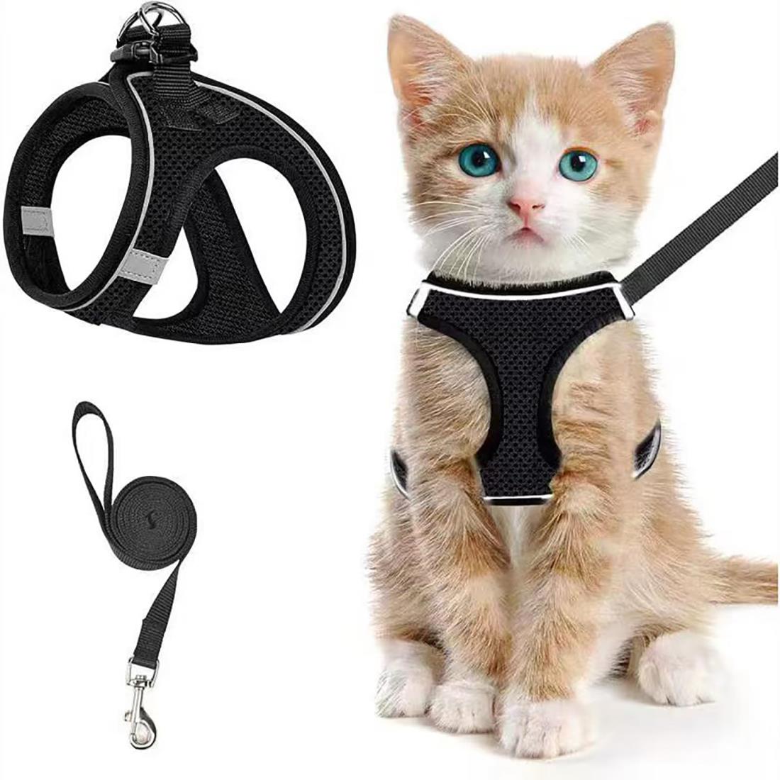 猫 猫用 ハーネス 胴輪 抜けない リード 散歩用 猫牽引ロープ リード 猫ハーネス 猫用ハーネス 胴輪 猫具 子猫 子犬 小型犬 散歩 お出かけ 抜けない ベスト ソフト胸あて サイズ調節可 夜反射 通気メッシュ (S)