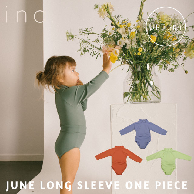 ＼マラソンP11倍!／ina swim | ベビー イナスイム June Long Sleeve One-Piece スイムウェア 紫外線対策 SPF50+  バックリボン 女の子 おしゃれ キッズ オシャレ 無地 ストライプ サスティナブル 水遊び