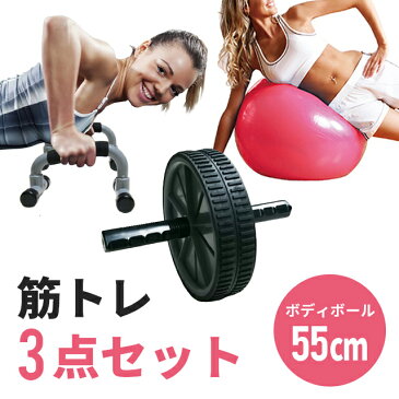今日からはじめる筋トレ3点セット! NR-2204 NR-2310 NR-2327 ボディボール55センチ ウィール プッシュアップバー 体幹 腹筋 腕立て ダイエット 鍛える 腕力