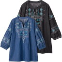 シニアファッション レディース トップス 春夏 ブラウス 【 7分袖デニム刺繍半開ブラウス A18 】 プレゼント ギフト シニア レディース 祖母 おばあちゃ...