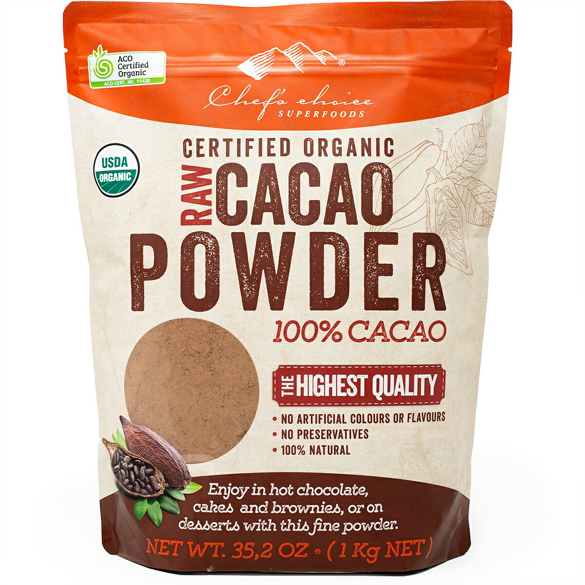 有機カカオパウダー 1kg x 1袋 非アルカリ処理 RAW製法 純ココアパウダー Organic Raw Cacao Powder cocoa powder 業務用