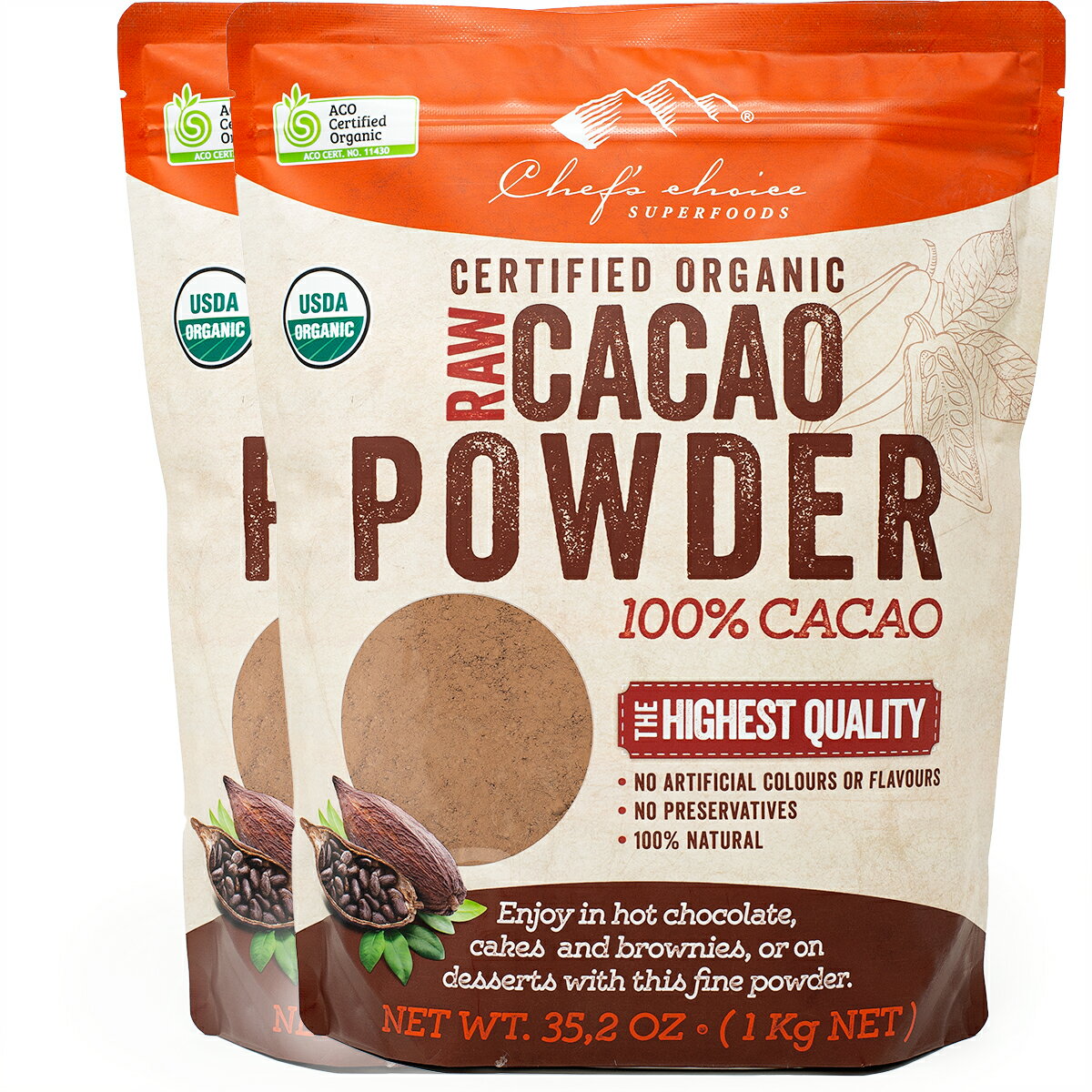 有機カカオパウダー [1kg x 2袋] 非アルカリ処理 RAW製法 純ココアパウダー Organic Raw Cacao Powder cocoa powder …