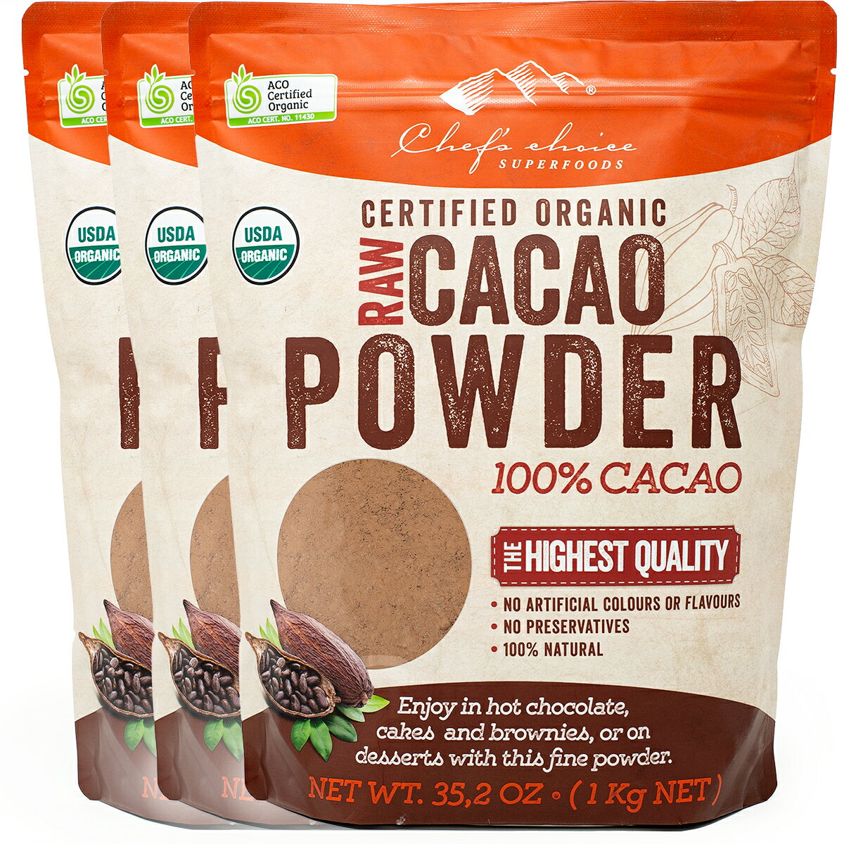 楽天シェフズチョイスジャパン有機カカオパウダー [1kg x 3袋] 非アルカリ処理 RAW製法 純ココアパウダー Organic Raw Cacao Powder cocoa powder 業務用