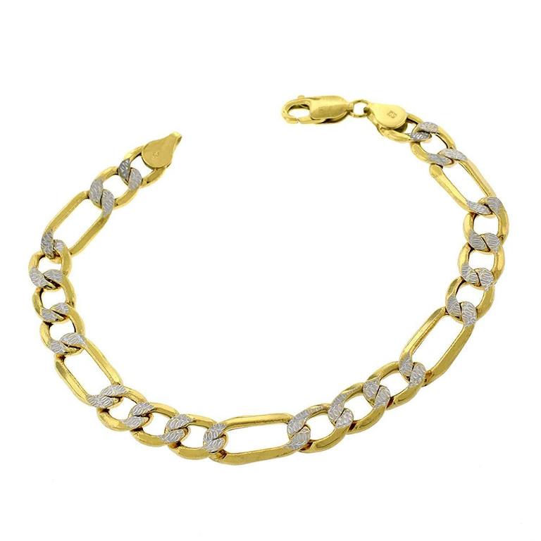 【送料無料】 10k イエロー ゴールド 8mm ホロー フィガロ リンク ダイアモンド カット ツートン パヴ..