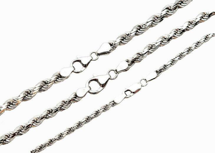 【送料無料】 14k ホワイトゴールド 3mm-5mm ロープチェーン ネックレス 41cm 46cm 51cm 56cm 61cm 67c..