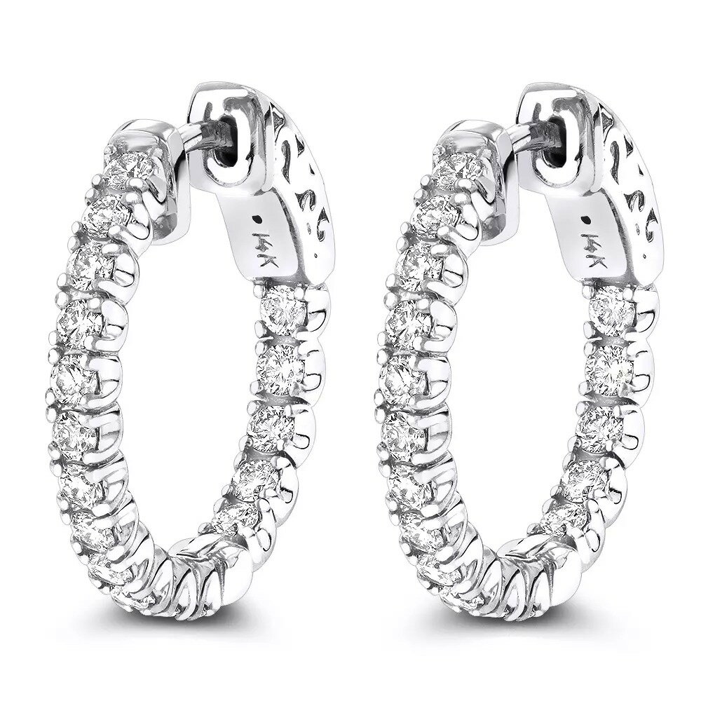 【送料無料】14K 14金 ホワイトゴールド 小さなフープインサイド アウト ダイヤモンド フープ イヤリング 3/4 インチ 1カラット シングル JOERODEO 【JACOB＆CO ジェイコブ アンド コー/Aqua Master アクアマスター/Joe Rodeo ジョーロデオ 正規品販売店】