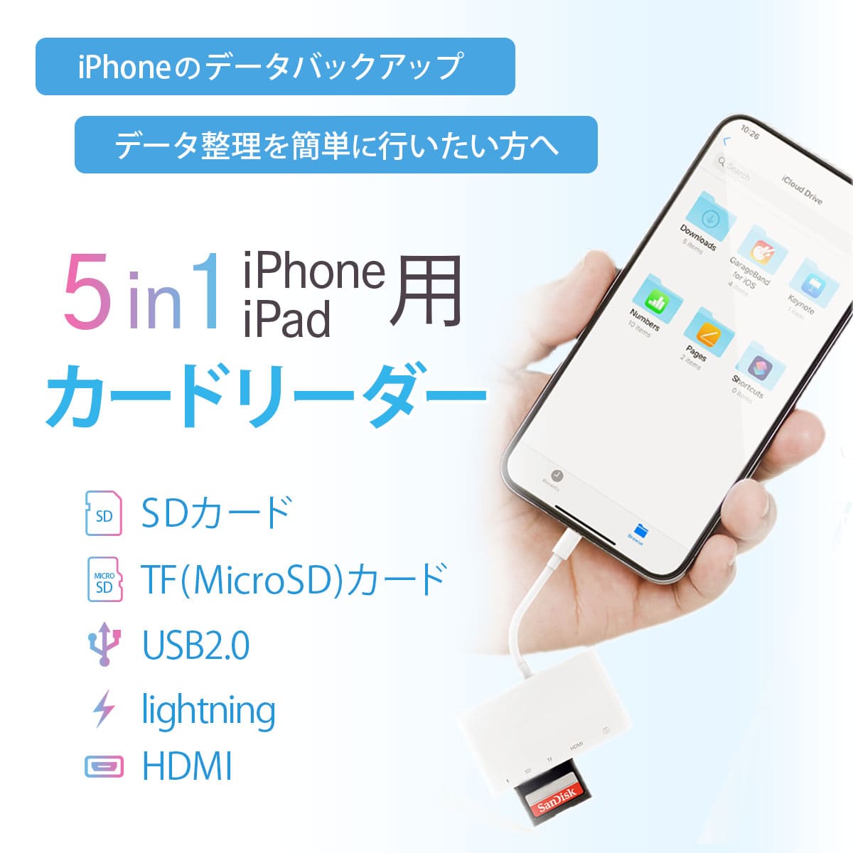 iphone sdカードリーダー lightning sdカード カメラリーダー 5in1 データ保存 移行 移動 usb sdカード マイクロsd 携帯 写真 usbメモリ バックアップ 外部メモリ 高速データ転送 iphone hdmi ミラーリング youtube テレビ モニター ios13対応 日本語説明書付き 90日保証