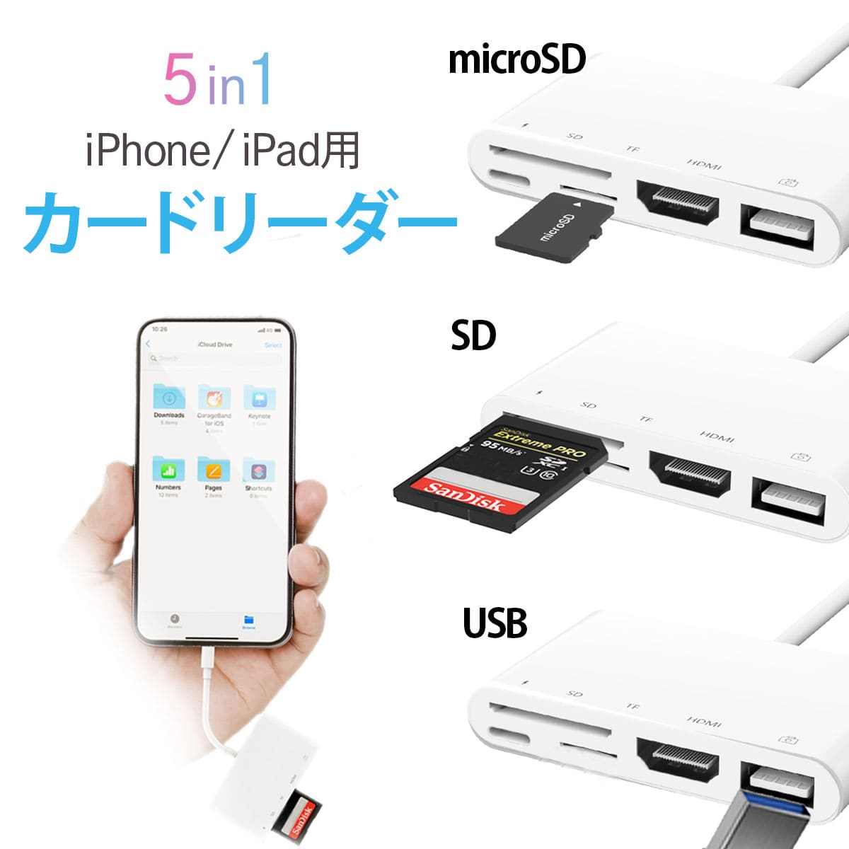 iphone sdカードリーダー lightning sdカード カメラリーダー 5in1 データ保存 移行 移動 usb sdカード マイクロsd 携帯 写真 usbメモリ バックアップ 外部メモリ 高速データ転送 iphone hdmi ミラーリング youtube テレビ モニター ios13対応 日本語説明書付き 90日保証