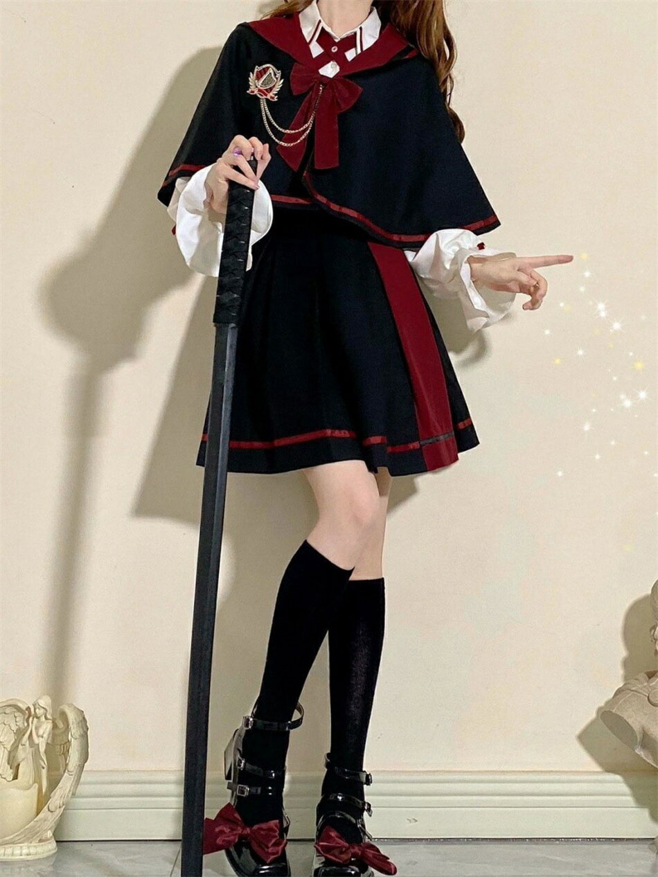 ロリータ 長袖 ゴスロリ 衣装 制服 マント 森ガール 学生服 スカート 魔法風 学園風 コスプレ リボン お嬢様 ドレス コスチューム 中世紀 宮殿風 jk アニメ ショートマット　ロングマット　クリスマス イベント ハロウィン 文化祭
