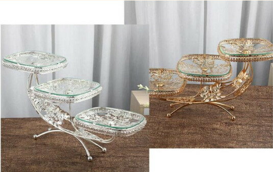 フルーツプレート 3段 デザート展示台 透明ガラス 方形 北欧風 金花彫刻 アフタヌーンティースタンド 陳列台 ケーキスタンド 結婚式 パーティー用 テーブルデコレーション