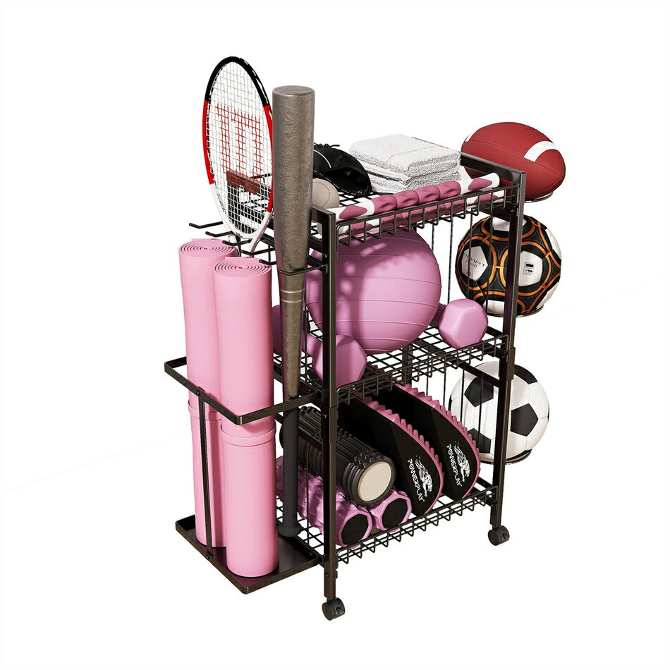 ヨガマット収納ラック 3段 ホームジム エクササイズ機器 ウエイトラック トレーニング機器収納オーガナイザー トロリーカート ホームジム用 ダンベルラック