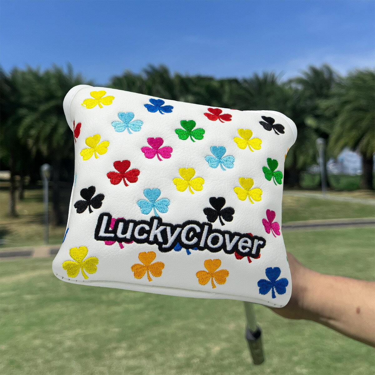 パターカバー マレット用 小型タイプ ゴルフ ヘッドカバー クローバー柄 カラフル刺繍 四角タイプ マグネット式 PUレザー 傷防止 汎用品