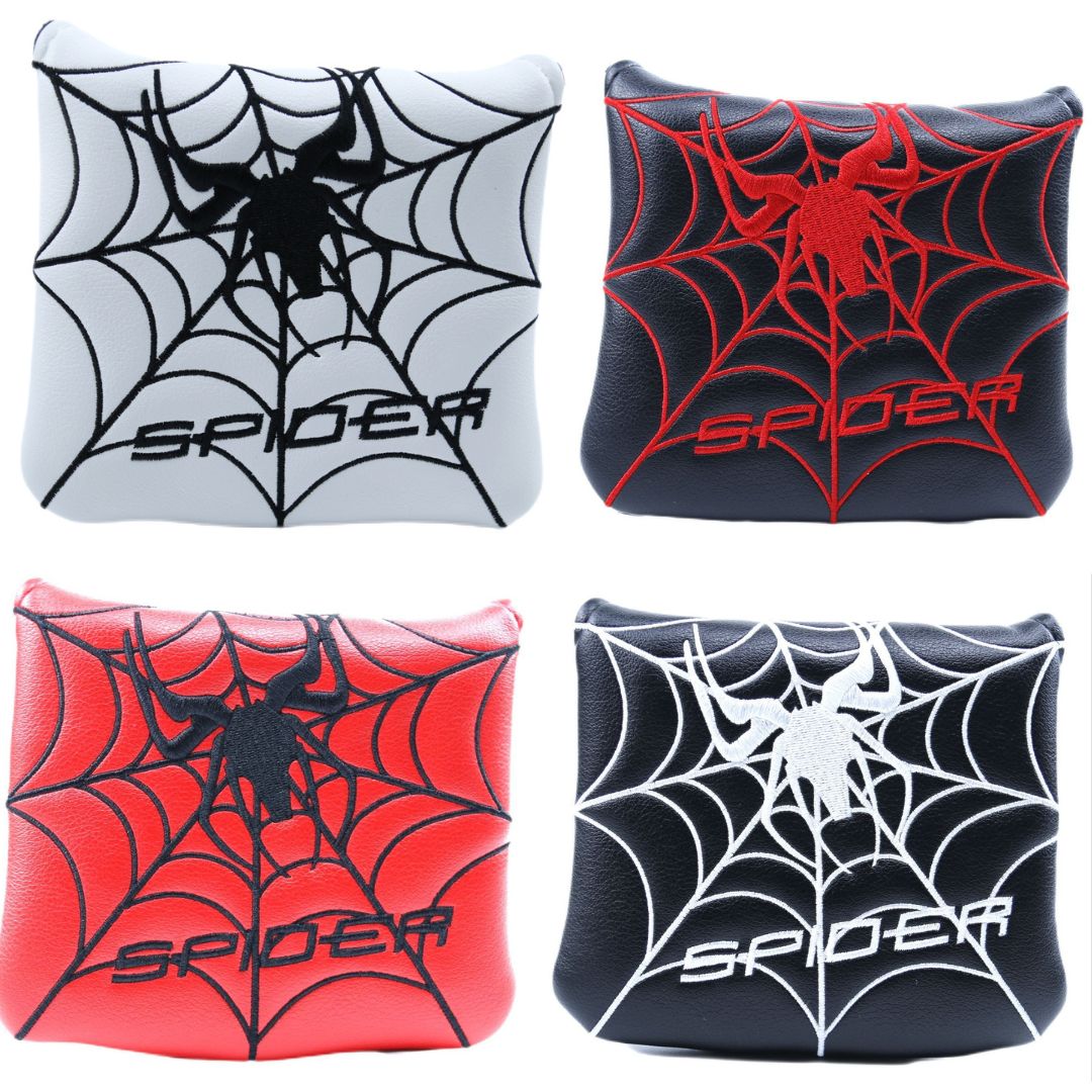 パターカバー マレット用 ゴルフ ヘッドカバー 蜘蛛の巣柄 スパイダー柄 マグネット式 PUレザーSpidera網