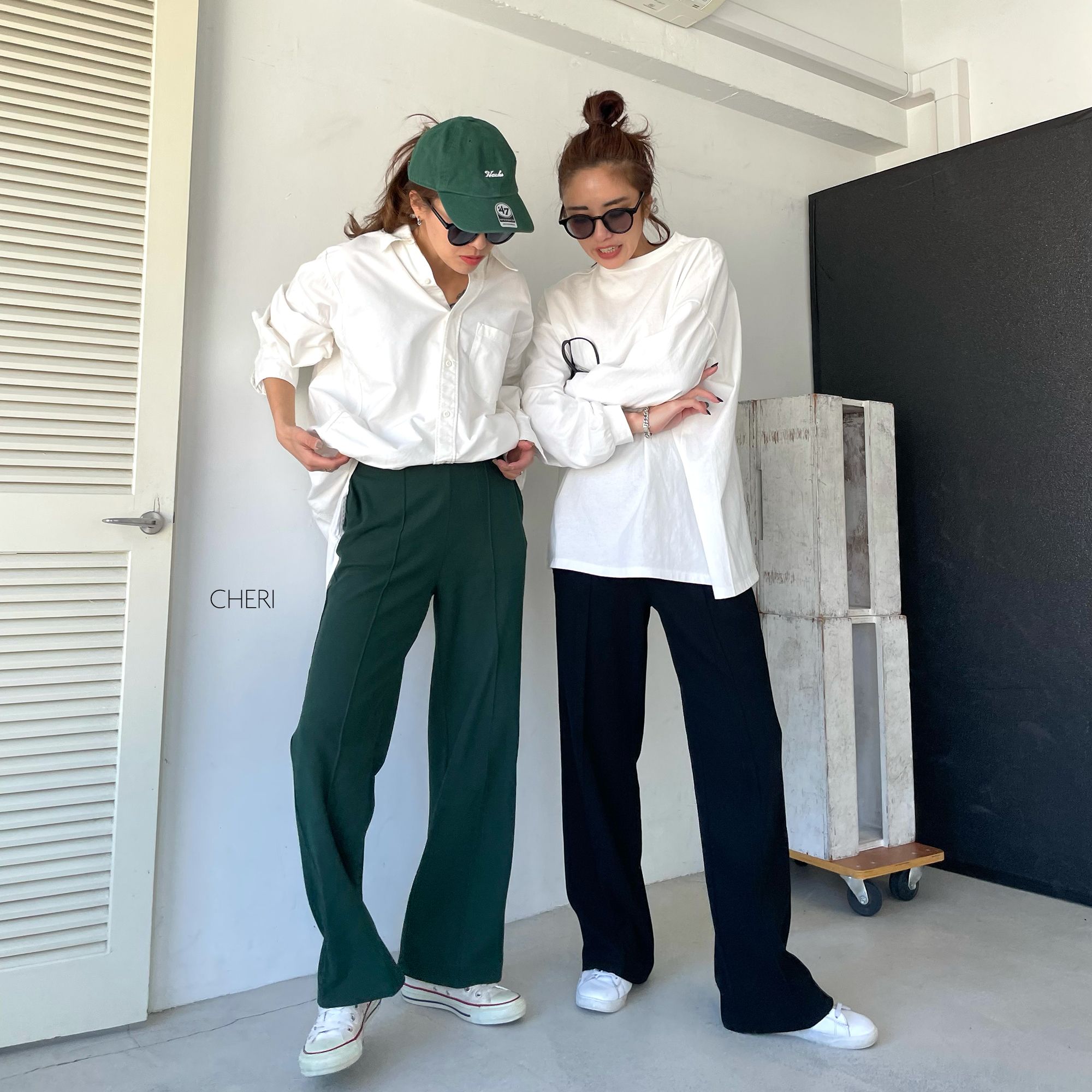 Aワッフルパンツ(Original) ストレートパンツ　 楽ちんパンツ　ウエストゴム　セットアップ　センタープレス　体型カバー　春夏　レディース　カジュアル　ママファッション　ブラック　グリーン　ネイビー　CHERIのサムネイル