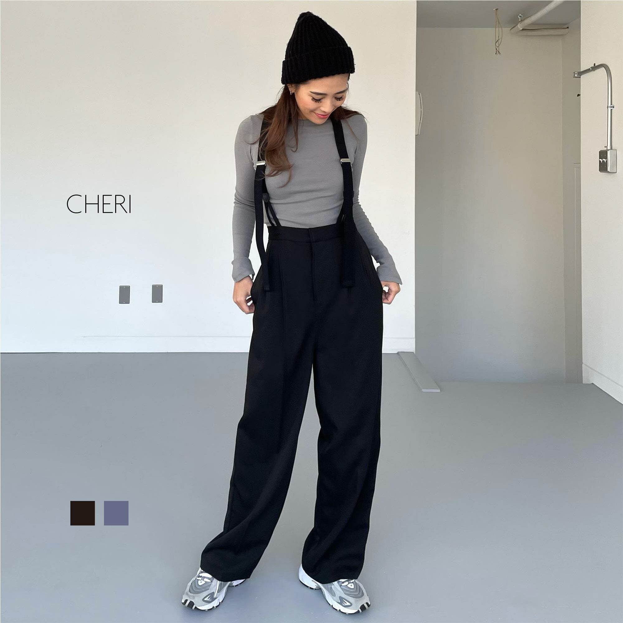 【新作】スラックス　パンツ　レディース　カジュアル　ママファッション　シンプル　高身長　サスペンダー　ストレート　フリーサイズ　春夏　ブラック　グレー　リラックス　ウエストバックゴム　送料無料　CHERI/サスペンダースラックスパンツのサムネイル