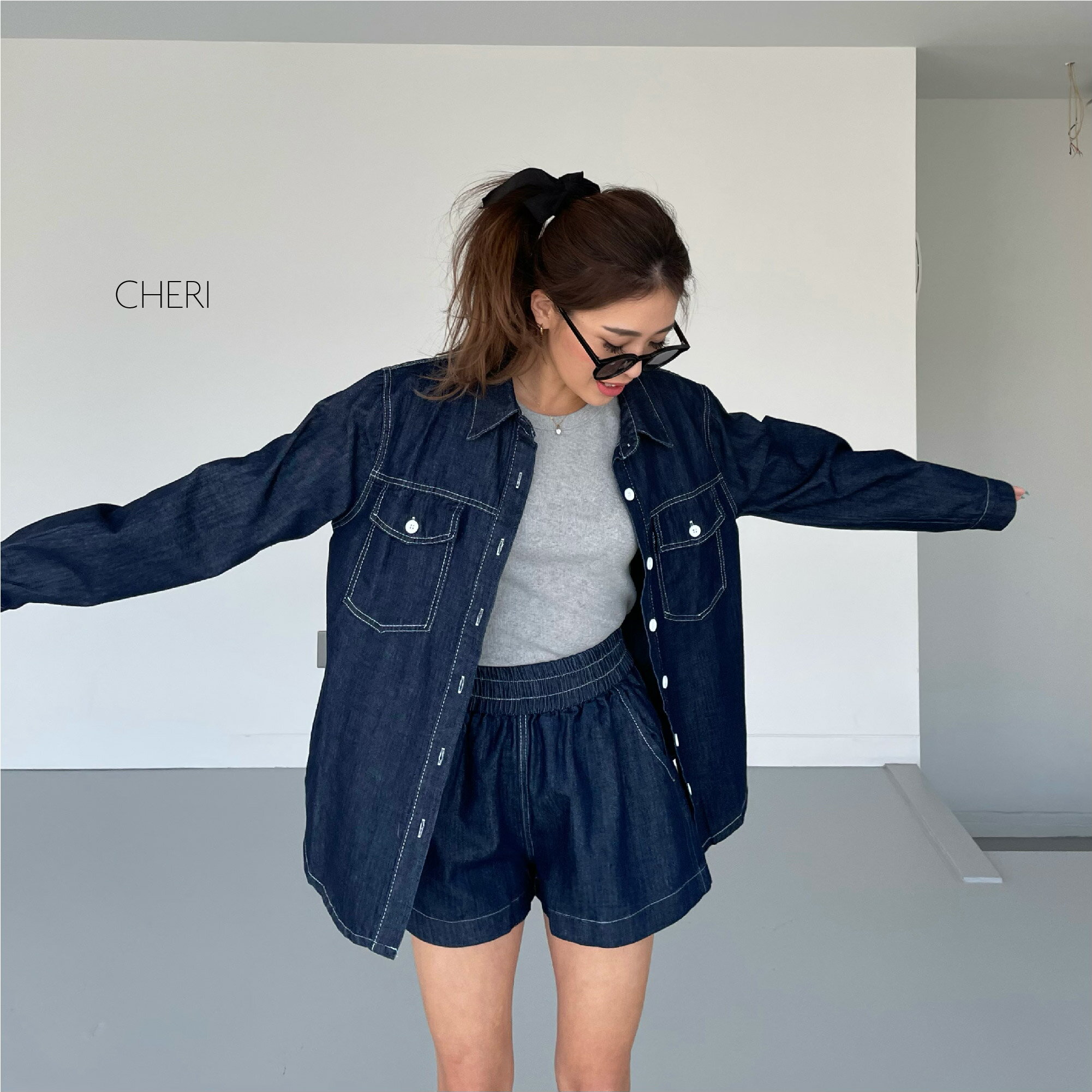 【新作・予約商品】セットアップ　デニム　ジャケット　ショートパンツ　ウエストゴム　フロントボタン　レディース　カジュアル　ママファッション　シンプル　インディゴ　韓国　フリーサイズ　春夏　送料無料　CHERI/イージーデニムセットアップのサムネイル