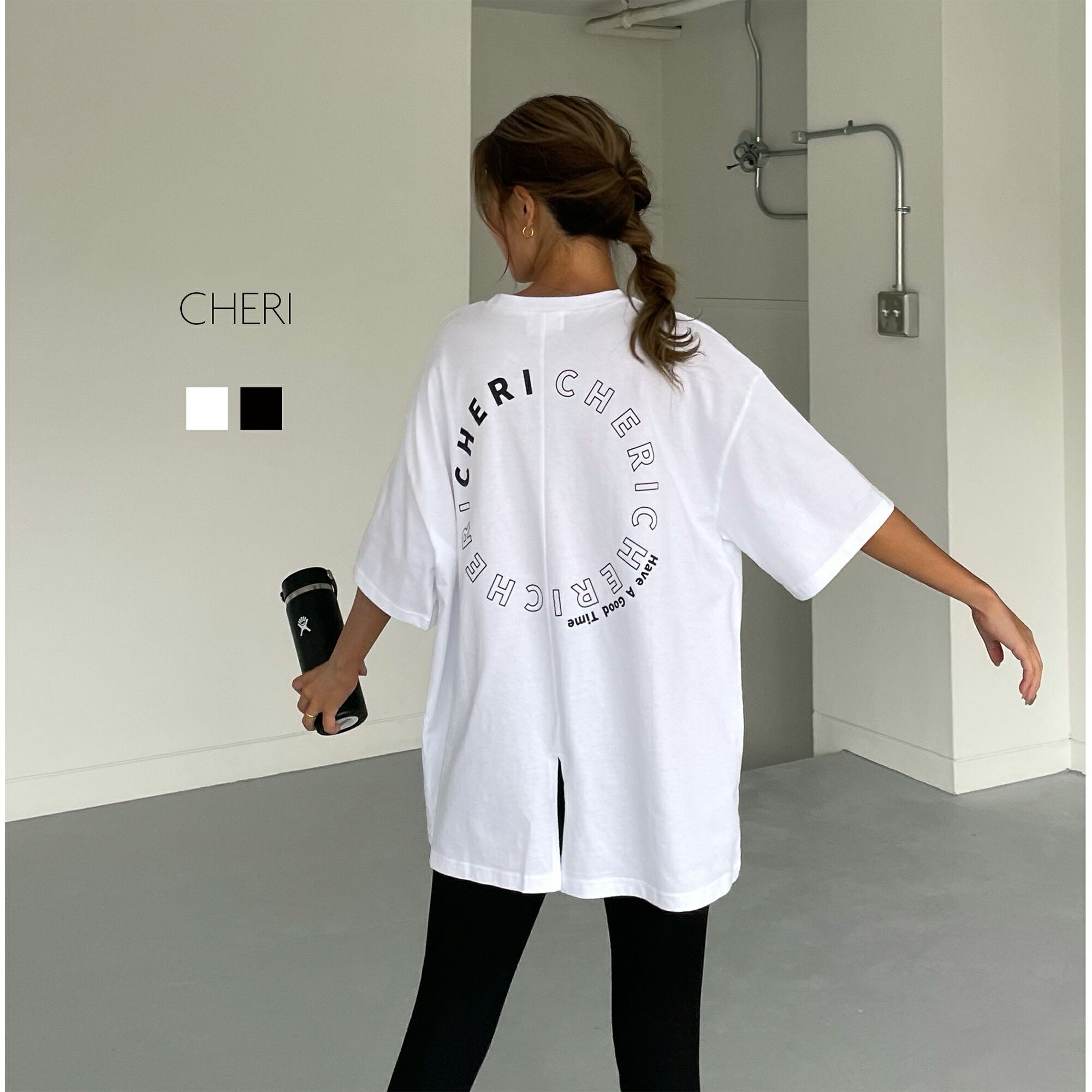 【新作】Tシャツ　バックロゴ　バックスリット　オーバーサイズ　オーバーシルエット　レディース　カジュアル　ママファッション　ユニセックス　ブラック　ホワイト　シンプル　楽ちん　フリーサイズ　オリジナル　送料無料　CHERI/ボーイフレンドtee(Original)のサムネイル