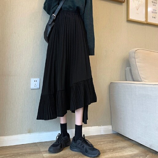 【 99%offクーポン配布中 】 フレアスカート ロングスカート フリルスカート マキシ スカート フレア フリル ロング ウエストゴム アシンメトリー デザイン ボリューム 無地 レディース 女性 エレガント 上品 おしゃれ モード 韓国ファッション ブラック
