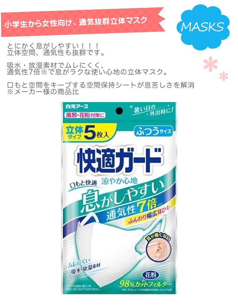 息がしやすい マスク 子供 快適ガード 7倍通気 50枚 白元アース 使い捨て 立体マスク 不織布 使い捨てマスク キッズ 中学年 小学生 高学年 中学生 学生 女性 大人 ウイルス 全国マスク工業会 夏用 薄手 通気 息がしやすい 吸水 放湿素材 3D 立体 マスク ふつう 蒸れにくい