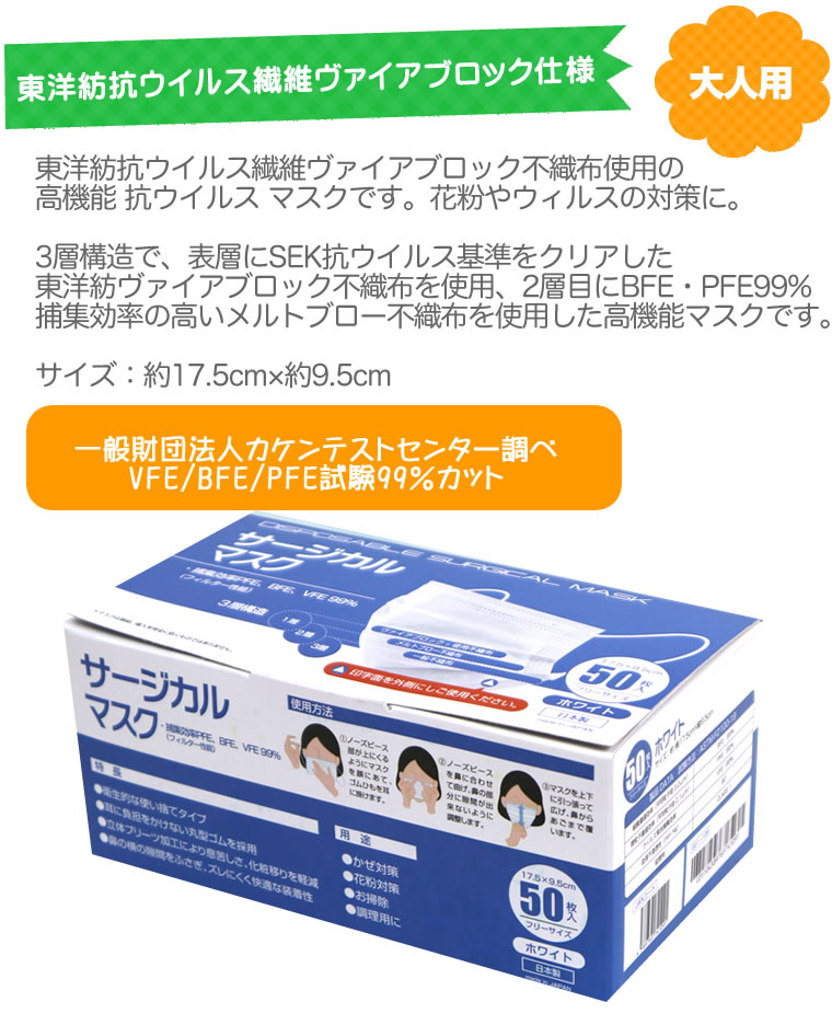 東洋紡 ヴァイアブロック不織布 マスク 日本製 国産 全国マスク工業会 医療用 50枚 pfe サージカルマスク 医療用マスク レギュラーサイズ PFE 男性 女性 大人 箱 使い捨て pfe99% 不織布 使い捨てマスク level1 レベル1 RSL