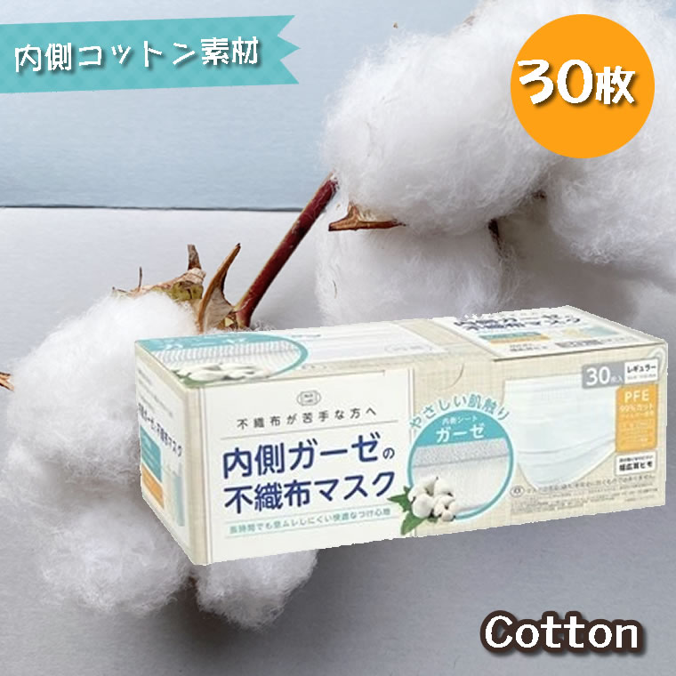 やさしい肌触り 内側ガーゼ 30枚 内側ガーゼの不織布マスクガーゼ コットン 綿 全国マスク工業会 JIS規格 マスク 不織布 30枚 内側 コットン素材 大人 男性 女性 レギュラー 使い捨て 不織布 使い捨てマスク pfe pfe99% pfe99 敏感肌 デリケート肌 ガーゼ素材 綿 コットン