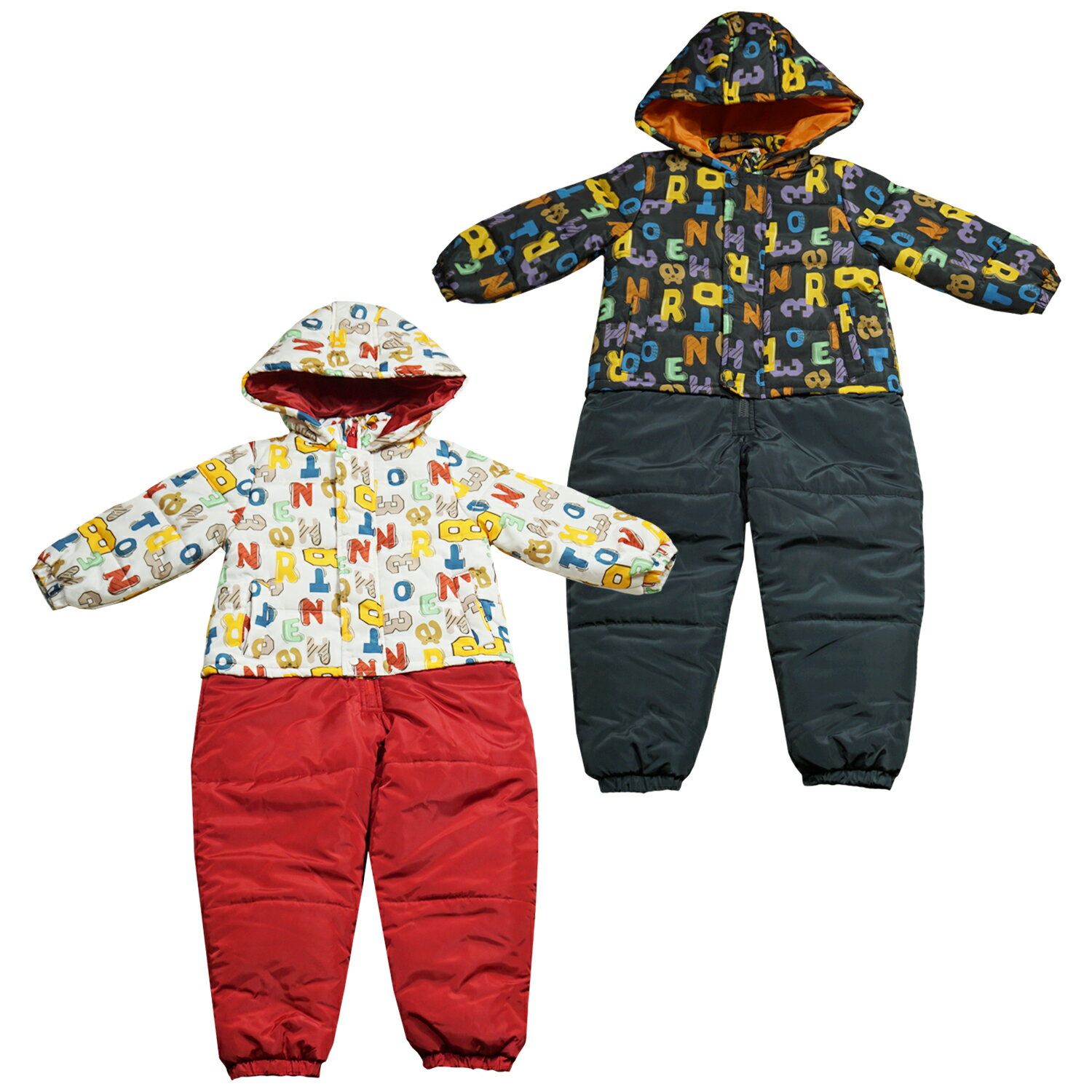 2025年 アルファベット柄 中綿ジャンプスーツ スノーコンビ 防寒衣料 撥水加工