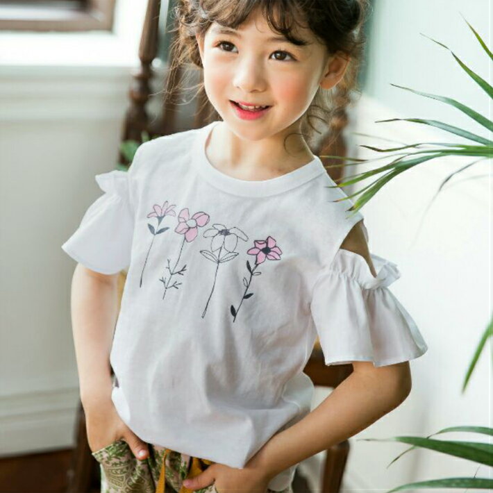 【SALE】【69%OFF】韓国子供服 女の子 半袖Tシャツ プリントTシャツ デザインTシャツ 90 100 110 120 130 140 肩開きデザイン フラワープリント トップス キッズ ベビー 可愛い お洒落 お洒落ガール かわいい【追跡可能メール便】