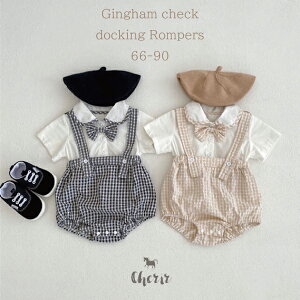ギンガムチェックロンパース ベビー 子供服 ロンパース サロペット ドッキング 重ね着風 シャツ フォーマル お呼ばれ ベビー服 韓国ファッション 淡い 60 70 80 90 男の子 スナップボタン つなぎ 春 夏 薄地