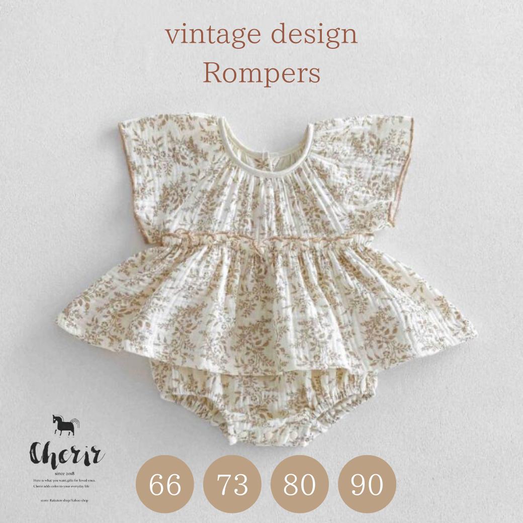 ヴィンテージワンピース ベビー ロンパース ドレス ワンピース ヴィンテージデザイン 刺繍風 ガーゼ コットン 綿 半袖 春夏 アンティーク調 ベビー服 60 70 80 90 女の子