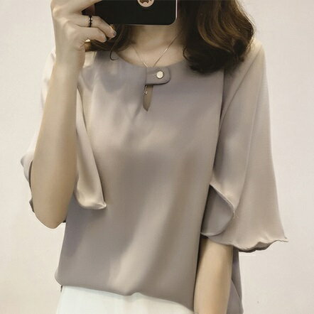 トップス かぶりタイプ ブラウス (グレー）フレア袖 シンプルデザイン【メール便送料無料】