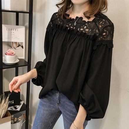 Rakuten - レーストップス かぶりタイプ シフォン ブラウス (ブラック）【フォーマル 二次会 パーティー オフィス 7分袖 長袖】【メール便送料無料】