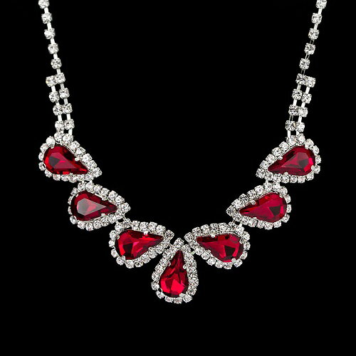 【メール便送料無料！】ティアドロップ カラービジュー ラインストーンネックレス＆ピアスセット (レッド×シルバー)【結婚式 パーティー 披露宴 フォーマル お呼ばれ 二次会 謝恩会 演奏会 発表会 衣装】【ネックレス チョーカー パーティーアクセサリー】