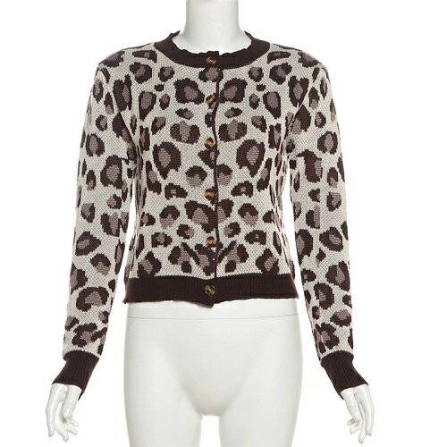 レオパード ひょう柄 カーディガン ジャカードニット 長袖カーディガン(ベージュ×ブラウン）【長袖 カーディガン 羽織り】【メール便送料無料】のサムネイル