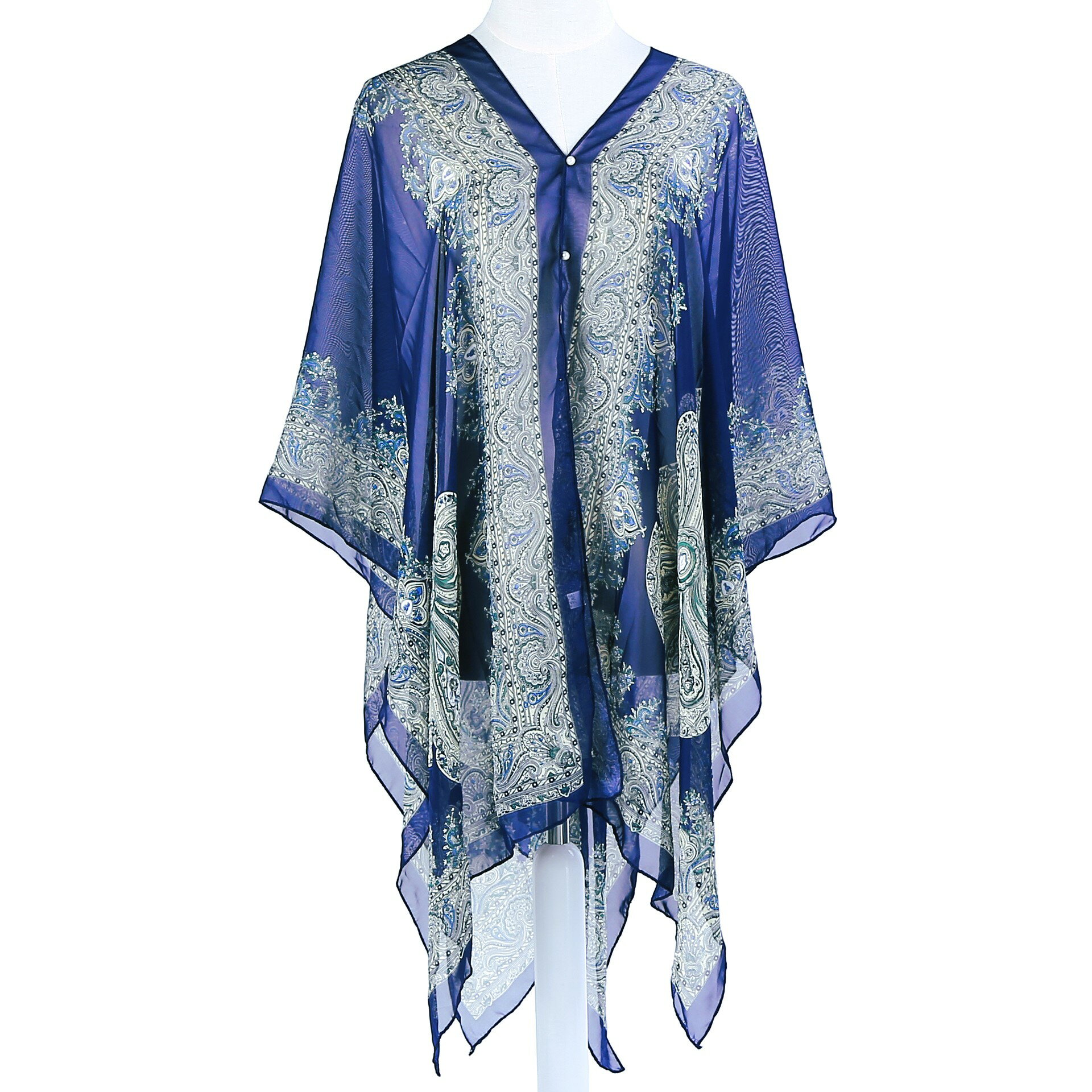 ペイズリープリント シフォン ポンチョ風 カーディガン 長袖 ドルマンカーディガン(ネイビー) ボヘミアン プリント【長袖 マキシカーディガン 七分袖 ワンピー...